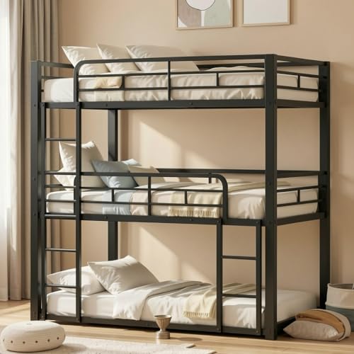 Feetice Metal Triple Bunk Bed Twin Over Twin Over Twin Heavy Duty Bunkbeds Full-Length Guardrail Family-Friendly for All Ages Bedroom No Box Spring Needed Easy Assembly Black
