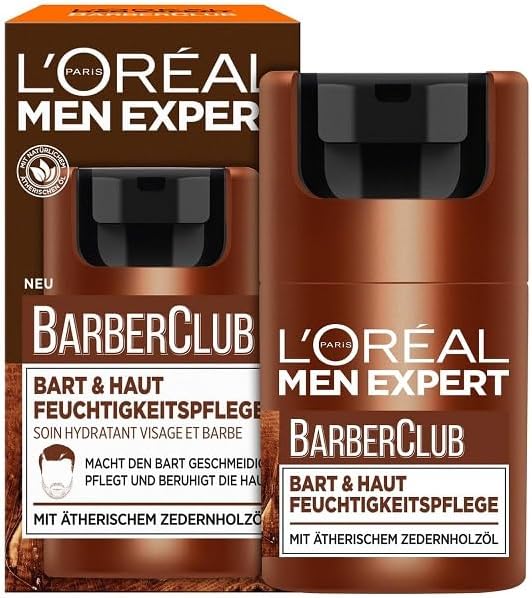 L’Oréal Men Expert Barber Club, hydraterende crème voor baard en huid, vochtinbrengende crème voor 3-dagen-baard, gezichtscrème voor heren met houtachtige geur en etherische cederhoutolie, 1 x 50 ml