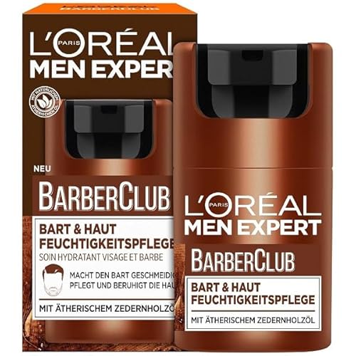 L'Oréal Men Expert Bart & Haut Hydratant Homme Crème Hydratante pour Barbe 3 jours Crème Visage Homme Parfum Boisé Huile Essentielle de Bois de Cèdre Barber Club 1 x 50 ml