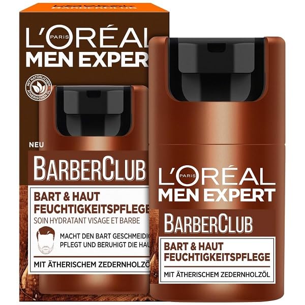 L'Oréal Men Expert Krem nawilżający do brody i skóry dla mężczyzn, krem nawilżający na 3-dniową brodę, krem do twarzy dla mężczyzn o zapachu drzewnym i eterycznym olejku z drewna cedrowego, Barber