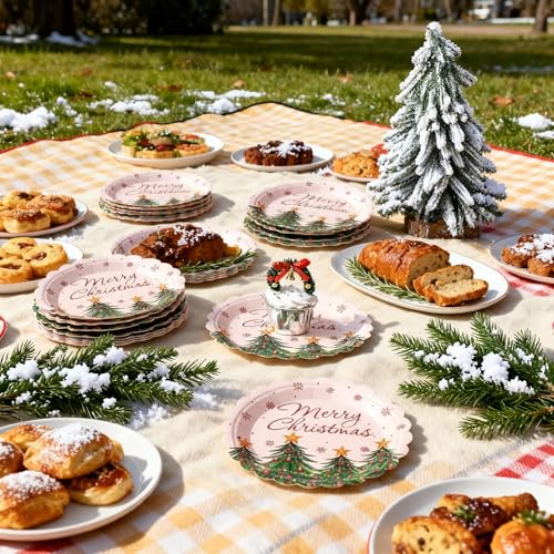 Havawish 60 Pcs Merry Christmas Party Decorations Xmas Tree Plates Christmas Disposable Paper Plates Tableware Party Supplies Xmas Dinner Table Decorations for Home Outdoor Picnic Winter Holiday – Image 7