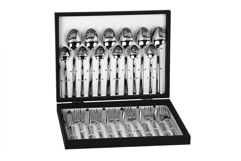 Cofan Cubertería | Modelo Bari | Fabricado en Acero Inox 18/0 | Juego de 24 pcs | Incluye estuche negro de madera