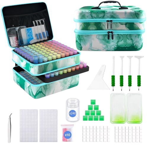 Image of 240 Slot Diamond Art Storage Box | Green Bead Organizer Case with Drill Tools, Portable Craft Box, For 5D DIY Art Kits