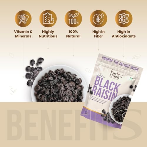 Image of KitchenSmith Seedless Black Raisin - Pack of 2 (500gm Each) | Draksh, Kaali Dakh & Kali Kishmish Raisins | Naturally Sourced, Dried & Sweet Dry Fruits