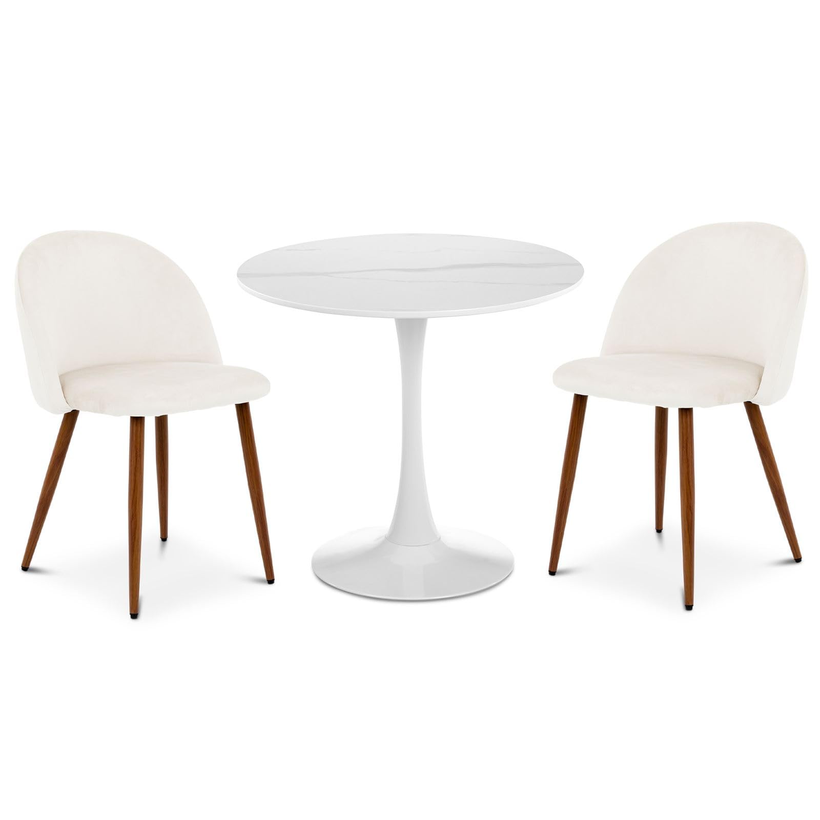 Essgruppe LOIRE/NAVIA mit runder Keramikplatte, Weiß/Beige - Esstisch mit 2 Stühlen, Tisch mit pflegeleichter Steinplatte, Polsterstühle Samtstoff, Esszimmermöbel für Küche und kleine Essbereiche