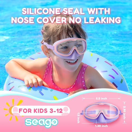 Image of Seago Kids Swim Goggles 2 Pack for 3-12, Anti-Fog Clear View,Toddler Goggles with Nose Cover Swimming Goggles