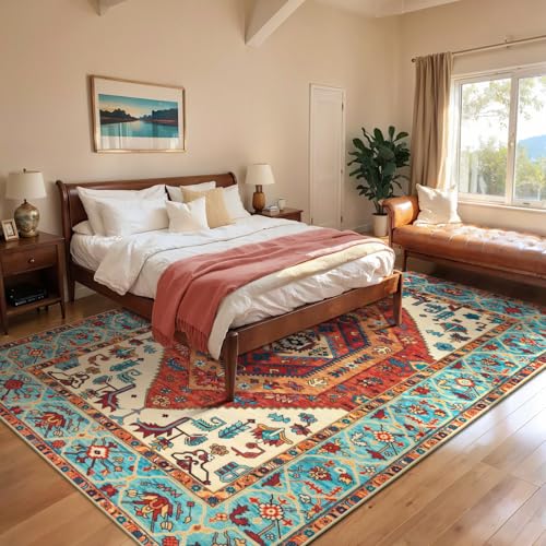 SERISSA Washable Rugs 6x9 Boho Area Rugs, Large Non-Slip Living Room Rug, Ultra Soft Vintage Oriental Tribal Farmhouse Orange Carpet for Dining Room Bedroom Dorm Office Home Decor