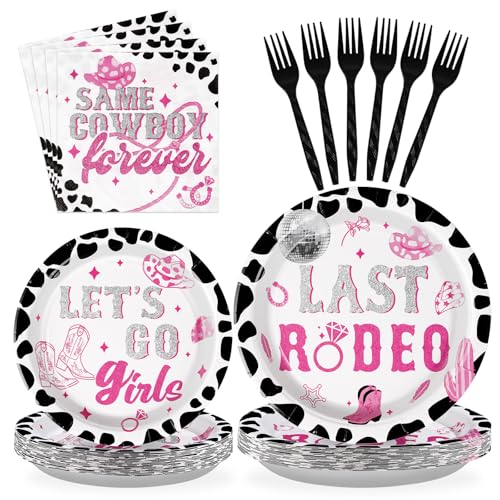 Image of Grencian 96Pcs Last Rodeo Bachelorette Party Decorations,Serves 24 | Pink Silver Disco Cowgirl Plates Napkins Let's Go Girls Tableware Set for Nashville Western Bridal Baby Shower Bday Supplies