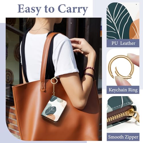 Image of Credit Card Holder RFID Wallet for Women, Small Leather Card Organizer Case with Zipper and Keychain, Boho Leaf