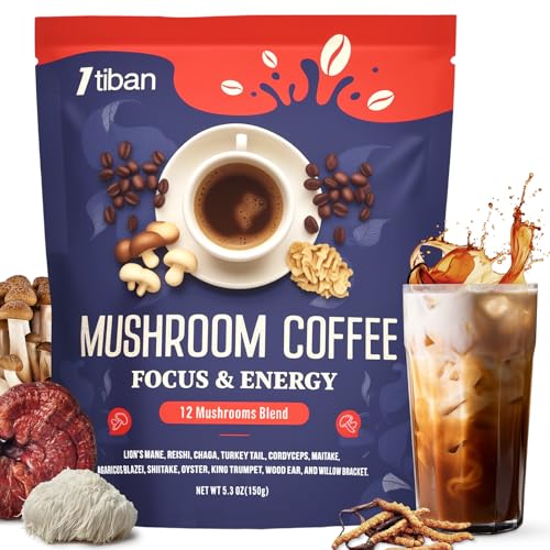 Itiban Mushroom Coffee 12 Mushrooms Powder Blend Ashwagandha Lions Mane Chaga and Probiotics Mushrooms Instant Coffee Latte for Focus Gut & Immunity Health- 30 Servings