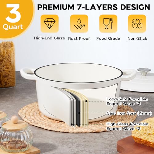 Onader Enameled Cast Iron Dutch Oven, 3QT Round Dutch Oven Pot with Lid for Bread Baking Cooking - White