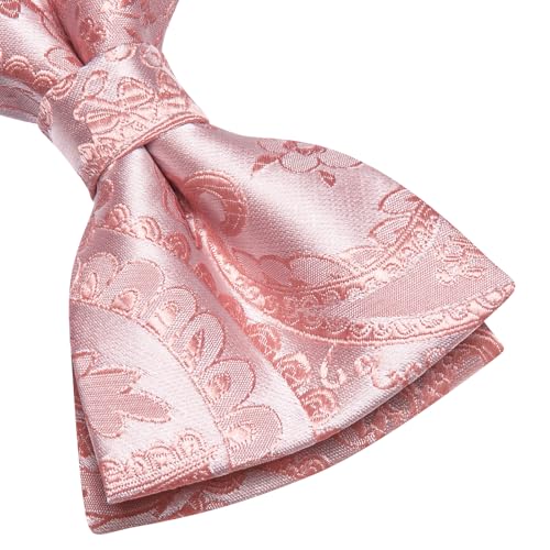 Image of Hi-Tie Blush Pink Pre-Tied Bowties for Men Silk Paisley Clip On Mens Bowtie Pocket Square Cufflinks Set for Wedding Party