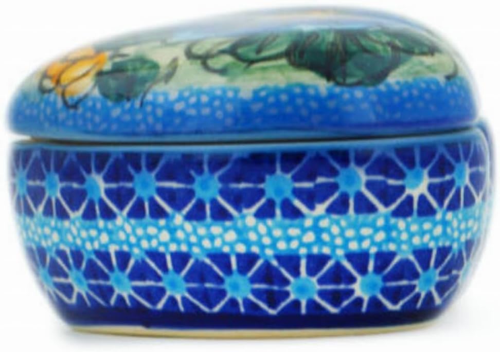 Polmedia Polish Pottery Heart Shaped Jar UNIKAT - Corn In The Blue Pattern Handmade in Boleslawiec Poland + Certificate of Authenticity