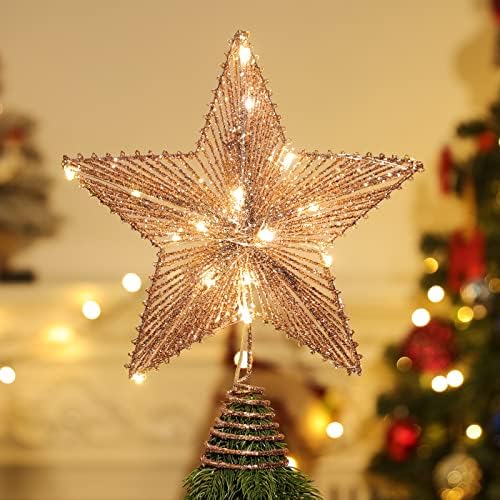 Lewondr Christmas Star Tree Topper, Battery Powered Tree Star with Lights and Sequins, Christmas Tree Topper Lighted for Home Holiday Xmas Tree Christmas Decoration, Rose Gold