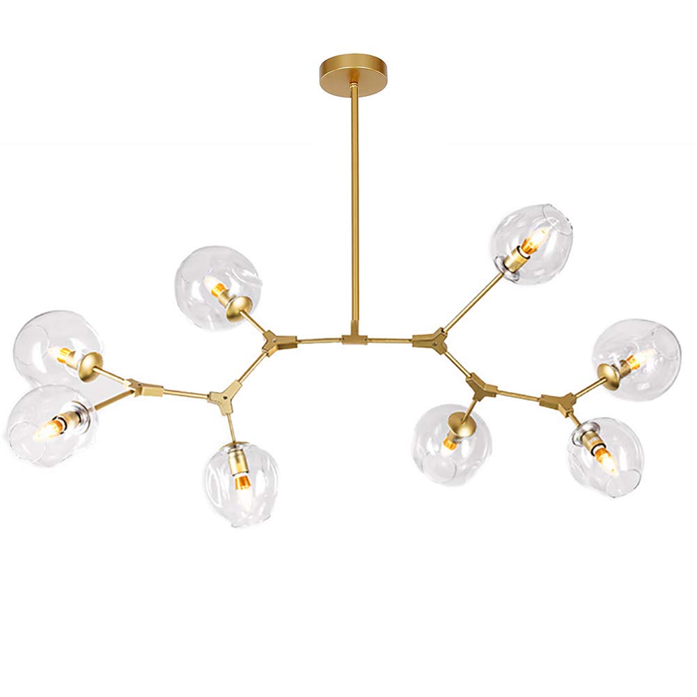 CSXSXAUO Modern Glass Ball Chandelier - Adjustable Height Matte Black Pendant Light, E26 Metal, Hand-Blown Branches, 71" Mid-Century Globe Lighting, Transparent Gold Finish, 8 Lights