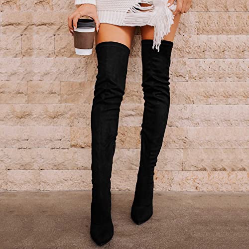 Genshuo Over The Knee Boots For Women With Heel Suede Thigh High Boots Stretch Sexy Pointed Toe Stiletto Long Boot Shoes Black Size 9 #TOP1