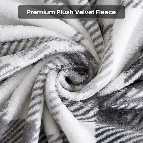 Image of Viviland Plush Microfleece Full Bed Sheet Set, Gray White Plaid | Soft Flannel-like Fleece, 100% Polyester, Fluffy Velvety Feel, 200GSM, 15 inch Deep Pocket, Warm Winter Gift & Decor