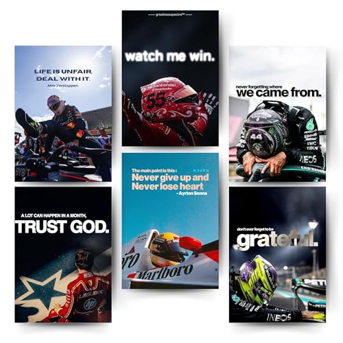 Image of Posters Inc Sports F1 Cars Motivational Posters for Wall A4 Size Aesthetic Setup 300 GSM Matte Paper Pack of 6 Automotive Motorsport Decor for Boys Gaming Room, Bedroom, Home & Office with Adhesive