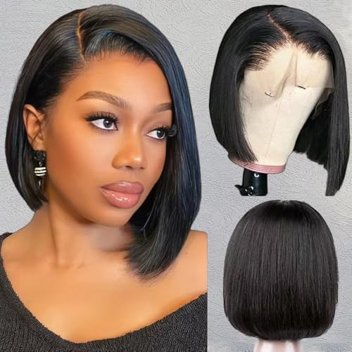 ASUTTRY Bob Wig Human Hair 200 Density Virgin Remy Hair Double Drawn Human Hair Wig 3x Longer Lifespan 13x4 HD Lace Front Wigs Human Hair Pre Plucked Bone Straight Short Bob Natural Black 10”