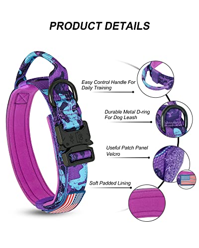 Hotsky Tactical Dog Collar, Adjustable Military Training Nylon Airtag Dog Collar With Handle And Heavy Duty Metal Buckle For Medium Large Dogs, With Airtag Holder And Two Patches（Purple Camo,L） #TOP2