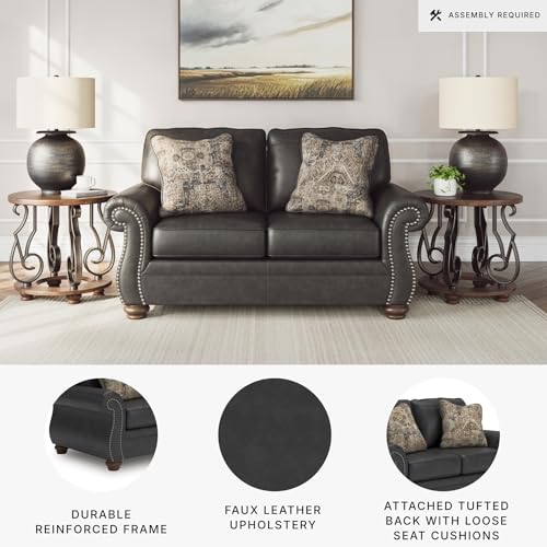Image of Signature Design by Ashley Chatterton Loveseat, Traditional Faux Leather Couch with Nailhead Trim, No Assembly Required, Ideal for Living Rooms and Small Spaces, Granite, 68 inch W