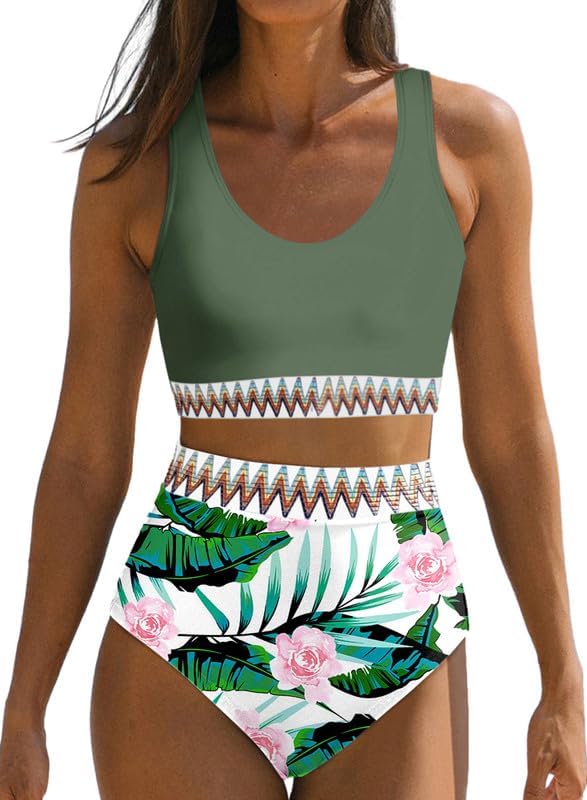 Dokotoo Womens 2 Piece Swimsuit Scoop Neck Sleeveless 2025 Racerback Top Tummy Control Tie Knot Bathing Suits Floral Bottoms