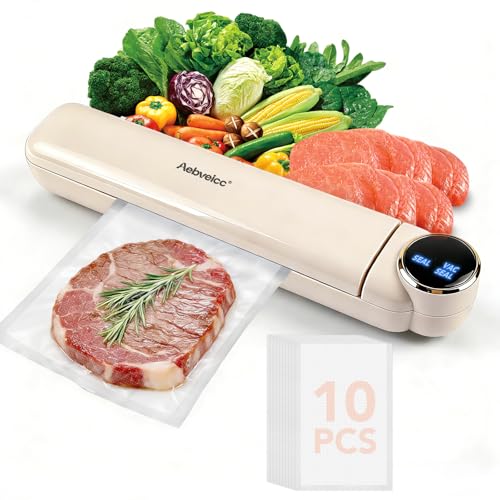 Aebveicc Compact Vacuum Sealer Machine for Food, 78KPA Suction, Dry/Wet Modes, Portable Meat Sealing with 10 Reusable Sous Vide Vacuum Bags, LED Touch Controls Easy to Use, White
