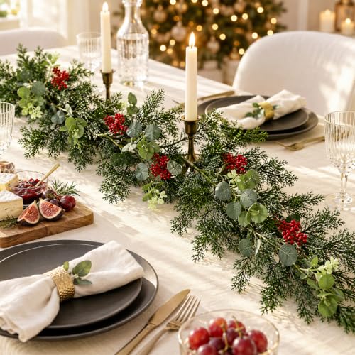 Weihnachtsgirlande 1,8 m Tannengirlande künstlich, Kieferngirlande mit Eukalyptus Optik und roten Beeren… – Ansicht 4