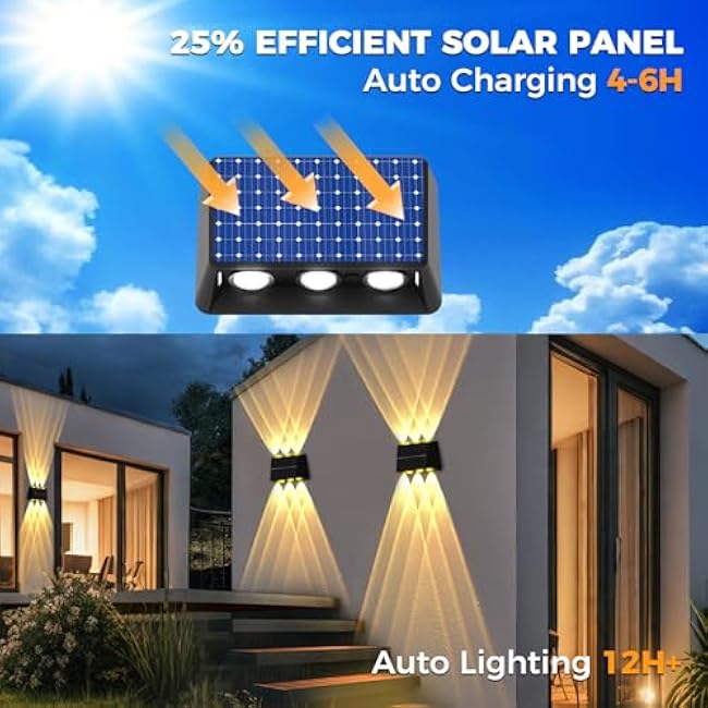 Solar Fence Lights Outdoor - 3000/4000/6000K & 8 RGB Colors, IP65 Waterproof LED Outdoor Wall Lights Solar Powered, 150 Lumens Up & Down Lighting for Backyard, Patio, Porch, Deck, Wall, 4-Pack