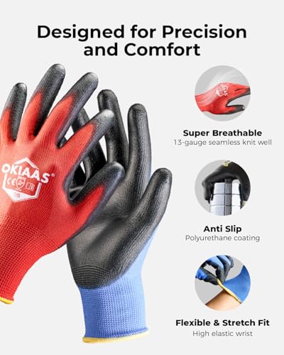 OKIAAS Work Gloves for Men,Ultra Thin and Lightweight Working Gloves with Grip, 12 Pairs Bulk Pack Construction Gloves with Polyurethane Coating, Safety Gloves for Light Duty Work (Green, Large)