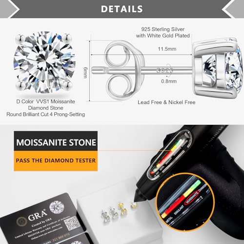 KRKC&CO Moissanite Earrings Studs, Luxury Birthday Wedding Gift for Women Mother, S925 Sterling Silver, 4-Prong, 0.6-3CT, D Color, VVS1, 14K White Sparkly Anniversary Jewelry4