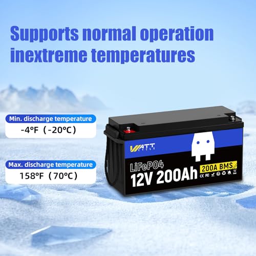 Image of Wattcycle 12V 200Ah LiFePO4 Lithium Battery 1 Pack, Up to 15000 Cycles, Built-in 200A BMS, Low Temperature Protection, 10 Years Lifespan, Perfect for RV Outdoor Camping Home Energy Storage