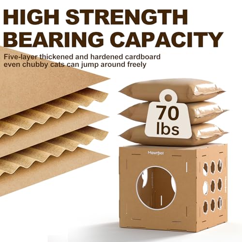 Image of DIY Cardboard Cat House with Scratching Pad, Cat Tower Indoor Play House, Versatile Cardboard Cat Tunnel Box for One or More Pets, Indoor Use Rabbit Hideout Cave Castle Brown, 3 Parts