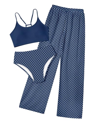 Image of NECIOUS Girls Swimsuit, 3 Piece Bikini Bathing Suit Tropical Floral Swimwear with Cover Up Pants 7-16Y