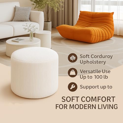 KKdema Corduroy White Ottoman Foot Rest Stool – Textured Boucle Corduroy Fabric Footstool with Soft Foam, Round Lightweight Pouf for Cozy Living Room, Bedroom – Warm White by KKdema - Image 3