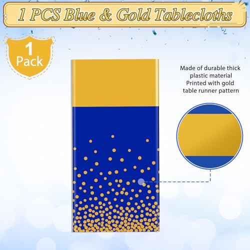 Image of MASHAN 1Pcs Blue Gold Tablecloth Party Decorations,Plastic Royal Blue Table Cloth Printed Gold Table Runner Disposable Rectangle Cover for Birthday Anniversary Wedding Graduation Party,54 x108 Inch
