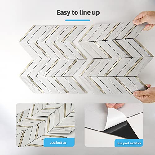 Art3D 10-Sheet Herringbone Peel And Stick Backsplash, Self Adhesive Marble Tiles Stick On Wall Tiles For Kitchen, Bathroom.(Stone Beige Mixed Gold Metal) #TOP5