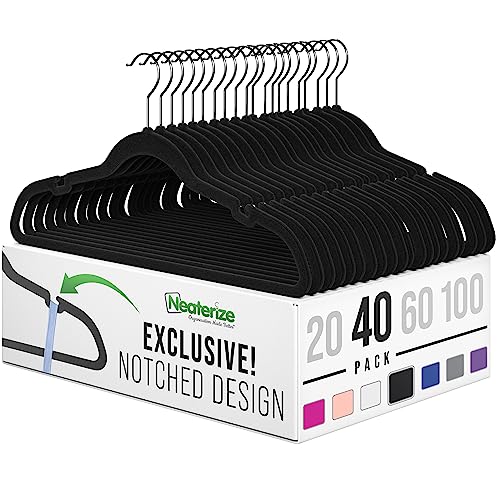 Image of NEATERIZE Velvet Hangers 40 Pack Black Heavy Duty Clothes Hangers Space Saving - Non Slip Felt Hangers for Closet - Perchas Ganchos para Colgar Ropa Hangars.