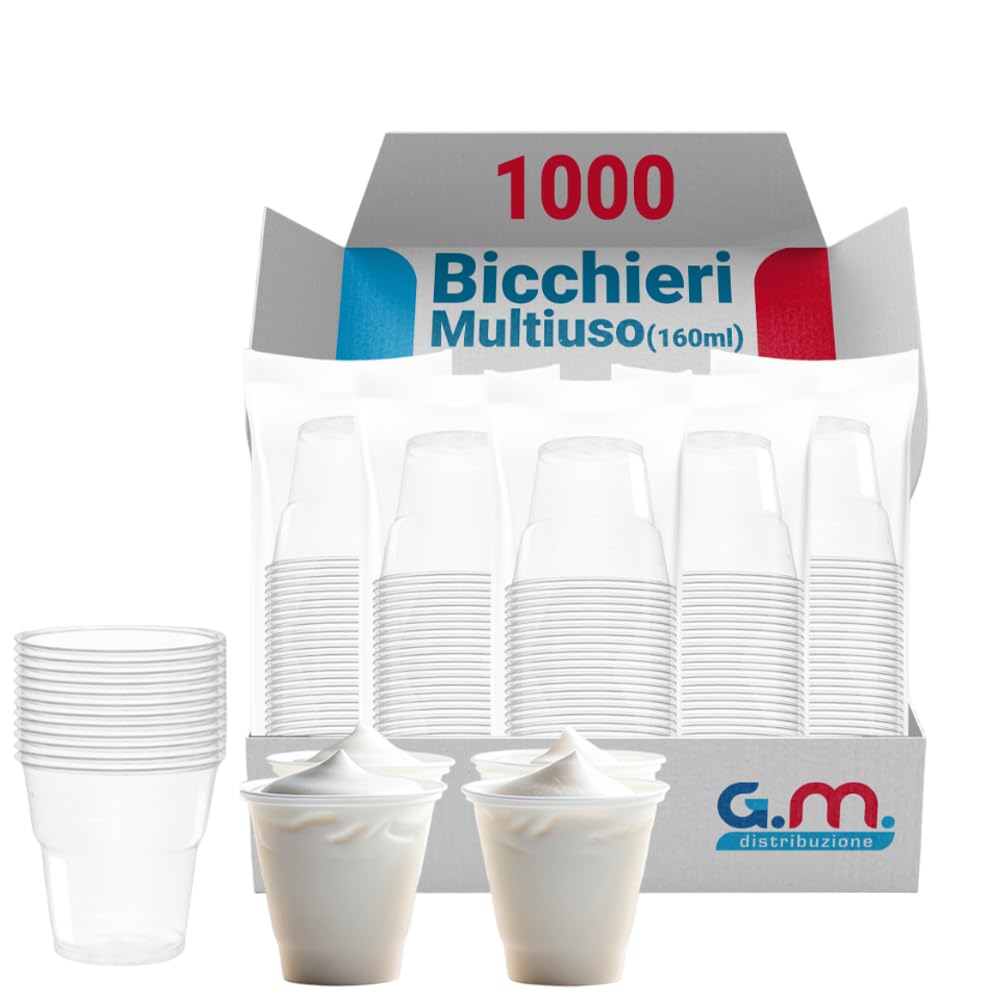 G.M. DISTRIBUZIONE 1000 Bicchieri da 160 Ml Trasparenti in PS Riutilizzabile, Lavabili, Per Yogurt, Vini bianchi e rossi, Liquori, Bicchieri Multiuso per Bar e Lounge Bar