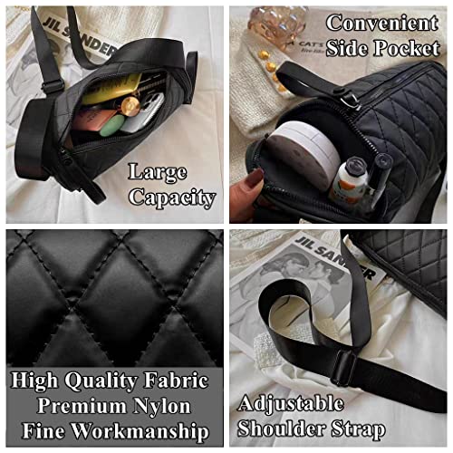 Trendy Compact Casual Cylinder Crossbody Bag Shoulder Bag Premium Fabric Rhombus Pattern Black3