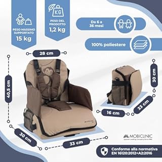 Mobiclinic® kids, Seggiolino portatile bambini, Seggiolone da viaggio, Monkey, 6 a 36 mesi, Fino 15kg, Pieghevole, Imbracatura regolabile 5 punti, Con portaoggetti, Beige