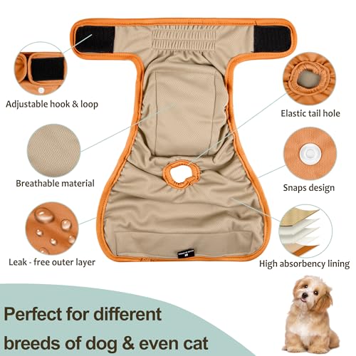 Image of Female Dog Diapers - Premium Reusable Diapers for Doggie in Heat - Highly Absorbent Dog Diapers Female for Pet Incontinence with Adjustable Snaps Brown Black, L