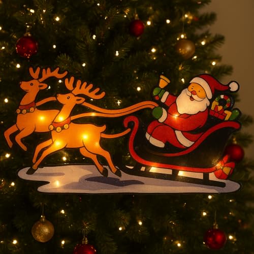 Image of K D Christmas Tree Decoration Santa with Reindeer Warm Yellow | Window Hanging LED Light | Warm Yellow Xmas Decoration Lamp | | Christmas Reindeer Light