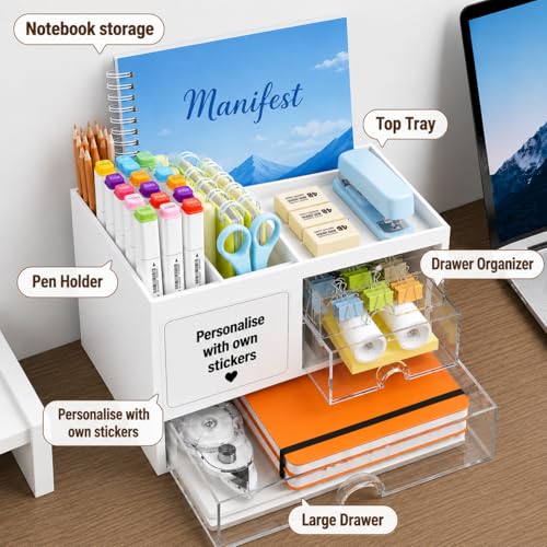 Image of Wishmigo Desk Organizer with 3 Transparent Drawers | Stationery Organizer for Study Table | Multipurpose Storage Organizer for Office Desk, Home, Students, Vanity & Kitchen (Normal White)