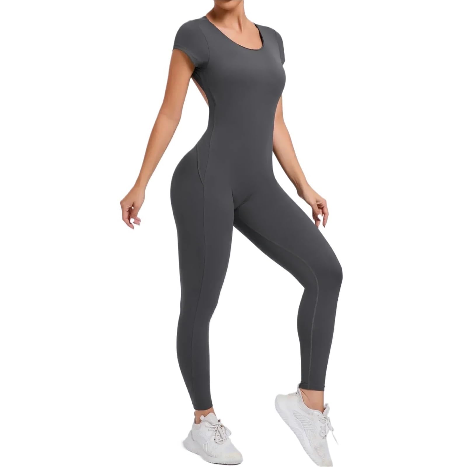 Combinaison De Yoga Une PièCe Combinaisons de Yoga sans Couture, Sport, Fitness, Levage des Hanches, Manches Courtes, Dos Nu, Une pièce, Leggings de Gymnastique, survêtement(Gray2,S)