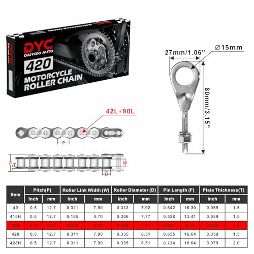 Image of DYC 420 Mini Bike Chain Kit - Front 42 & Rear 90 Link Roller Chain with Adjuster for Coleman CT200U /CT200U-EX /BT200X, Baja Warrior MB200 /MB165, Massimo, Predator 212 196cc /200cc 6.5HP (ATV /Dirt Bike)