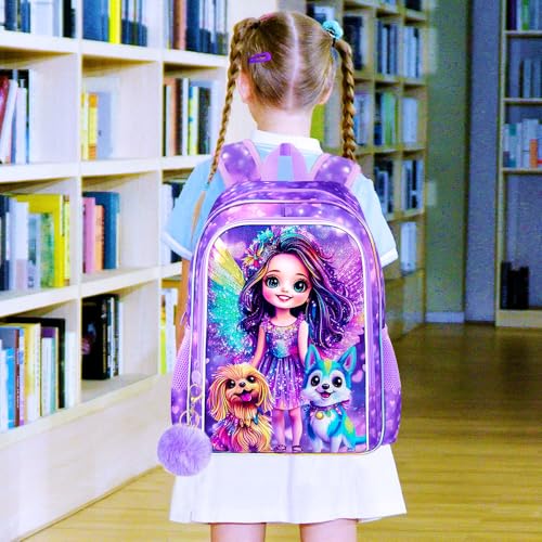 Image of 16 inch Dog Backpack for Girls, Kids Bookbag with Lunch Box, 3Pcs School Backpacks for Elementary Preschool Kindergarten (Purple)