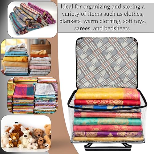 Image of Storite Saree Bags, Transparent with Zip, 37x35x22 cm, Grey /Black | Moisture & Dust Proof, Wardrobe Organizer, Saree Covers For Storage