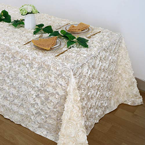 Queendream Rosettetablecloth Ivory Tablecloth 90 X 132 Inch 3D Flower Overlay Satin Raised For Wedding Decorations Baby Shower Table Cloth #TOP17
