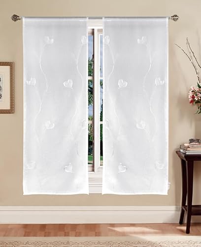 Tata Home Coppia Tende per Interni a Vetro Finestra Semitrasparenti Bianche Tende Cucina Bagno Camera Fantasia Shabby Chic 60x150 cm con Cuori Bianchi